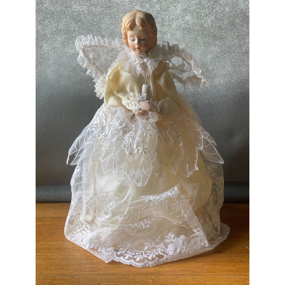 VTG Christmas Angel Tree Topper Ceramic Face Ivory Lace Gown 12" Holiday Decor